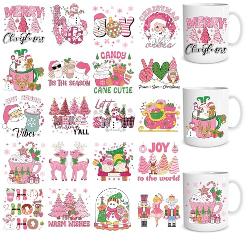 Eiapadeor Pink Christmas Rub on Transfer Stickers 20 Sheets Christmas Santa UV DTF Cup Wraps, Xmas Snowman UVDTF Wraps, Waterproof Rub on Decals for Glass Cups Mug, DIY Transfer Crafts