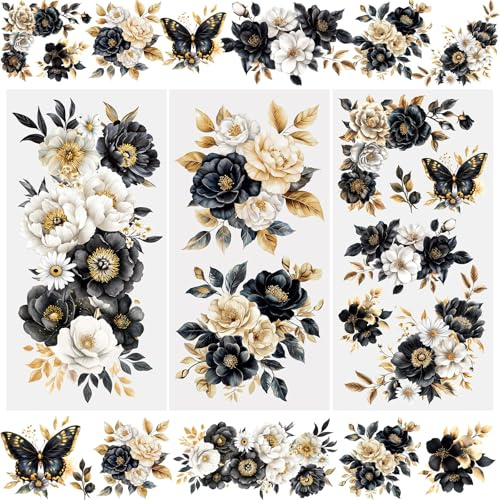WANDIC 3 Sheets Rub On Transfer Stickers, Black Gold Floral Theme Waterproof Decals Furniture Craft Decorative, Junk Journals for DIY Scrapbooking, 15 * 30cm