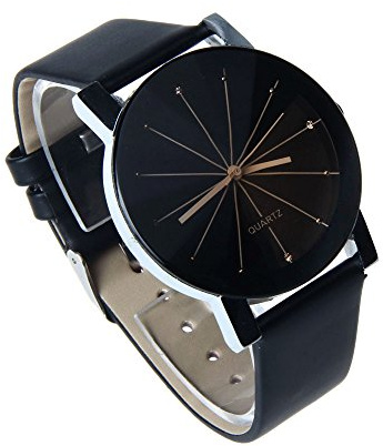 Män kvarts urtavla klocka läder armbandsur runt fodral BK Dork Too klocka, Svart, En storlek
