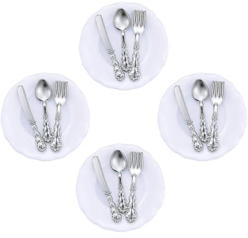 Juego de 4 platos en miniatura con temática de cocina y comedor, platos a escala 1:12, cucharas, cuchillo y tenedor, vajilla de porcelana realista para casa de muñecas, accesorios de cena en miniatura