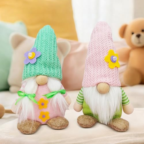 RNPKZ Gnomo primaverile, 2 statuette a forma di gnomo, gnomo primaverile, gnomo pasquale, decorazione da tavolo, decorazione primaverile, regalo per bambini, mamma, festa della mamma (A)