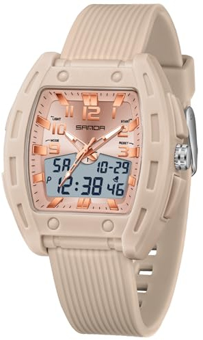 Women Watch for Women Unique Rectangle Watches Digital Analog Sports Watch for Ladies Students Watches with Alarm Stopwatch Waterproof Hourly Chime 12/24H LED Light Multi-Function Wristwatch (Apricot)