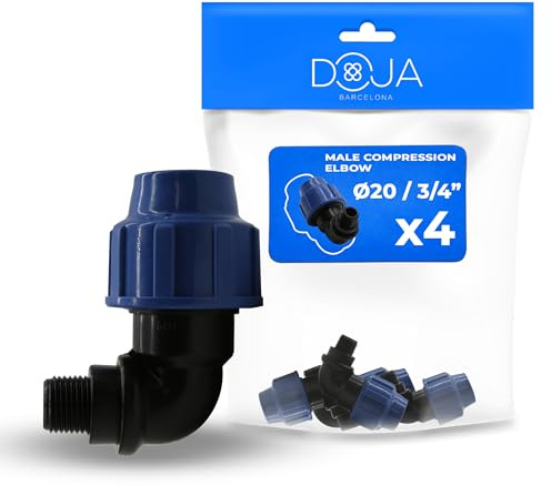 DOJA Barcelona PP-vinkel 90 grader med yttre gänga – 4-pack – 20 x 3/4 tum – PE klämkontakt vinkel för rörsystem enkel installation, perfekt för bevattning, PE-rör vinkelförskruvning