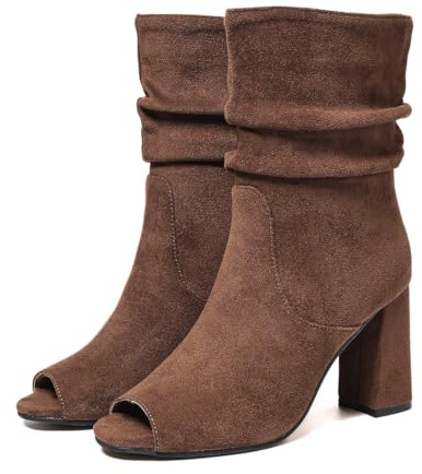 Botines de gamuza sintética para mujer, diseño de puño holgado, tacón de bloque, botines casuales de punta abierta para primavera y verano, Brown, 37 EU