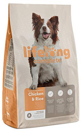 Amazon-Marke: Lifelong - Hundefutter für ausgewachsene Hunde (Adult) aller Rassen, Fein zubereitetes Trockenfutter reich an Huhn und Reis, 15 kg (1er-Pack)