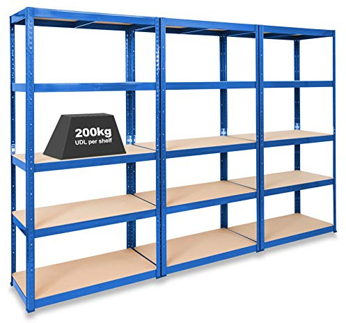 Storalex Pack of 3 Extra Deep Garage Racking Units - Blue 600mm Deep Garage Shelving 5 Tier Shelf Unit - Sturdy Metal & MDF Construction
