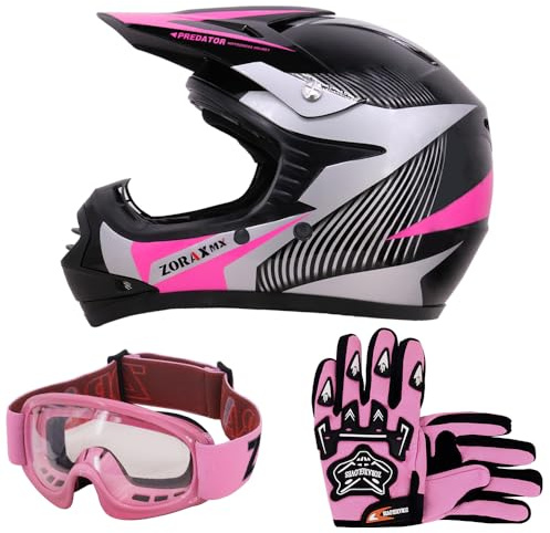 Zorax ZOR-X19 Youth Motocross Helmet & Gloves & Goggles | Pink M (51-52cm) - Gloves M(6cm) Junior Dirt Bike Off Road Motorcycle Crash Helmet ECE 2206