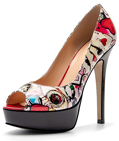 NobleOnly Femme Plateforme Bout Ouvert Doublure en Cuir Escarpins Aiguille Talons 13CM High Heels Multicolore Vernis Chaussures EU38