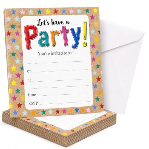 YLAB - 20 Party Invitations with White Envelopes | Colourful Star Design | Birthday, Engagement, Kids & Adults Party Invites | Fill-in Style | 19 x 13 cm | Fun Celebration Invitations