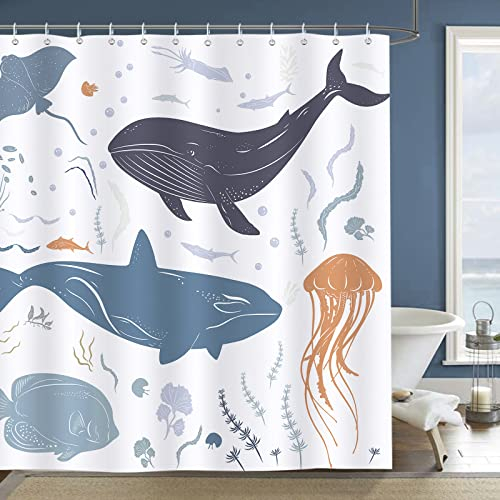 Bonhause Duschvorhang Wal Fische Ozeantier Duschvorhänge für Kinder 183 x 183 cm Anti-Schimmel Wasserdicht Polyester Stoff Waschbar Bad Vorhäng für Badzimmer mit 12 Haken