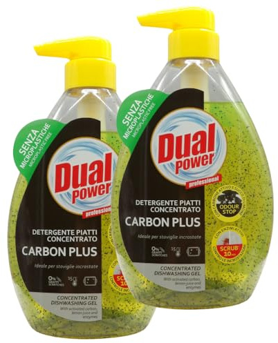 Detergente Piatti Concentrato, CARBON PLUS, Ideale Per Stoviglie Incrostate. Con Carbone Attivo e Succo Di Limone. Elevato Potere Sgrassante. Senza Microplastiche 600ml (2 Unità)