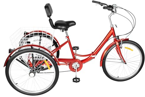 awolsrgiop Dreirad für Erwachsene, 24 Zoll 7 Gang Dreirad Erwachsene Adult Fahrrad Erwachsenendreirad für Erwachsene, Senioren und Fahranfänger, 3-Rad-Fahrrad mit Einkaufskorb (Rot)