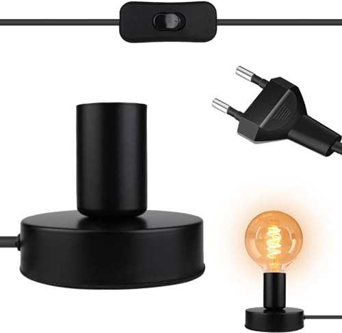 Leikurvo Schreibtischlampe Lampenfassung E27 mit Kabelschalter, Vintage Tischlampe, Kleine Nachttischlampe E27 Fassung mit Stecker, für Home Lighting Decor, Cafe Bar Decor, Schwarz (Ohne Lampe)
