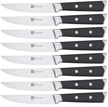 Steakmesser Set 8-teiliges, 4,5 Zoll Tafelmesser aus Rostfreiem Stahl mit gezackter gerader Kante, Scharfe Fleischmesser Steakbesteck für Heim und Restaurant, Vollzapfen - Ergonomisches Griffdesign