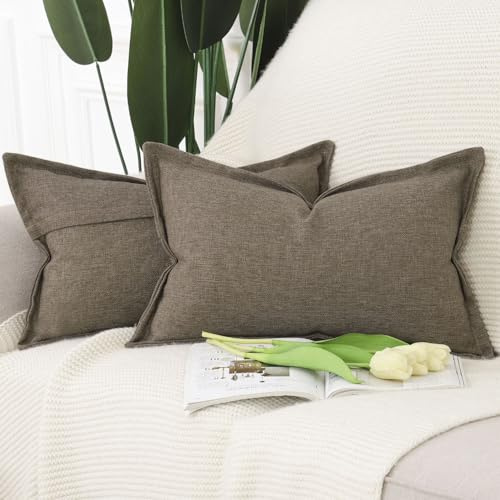 Madizz Juego de 2 Suave Lino Decorativo Funda de cojíns con Borde Ancho Lujo Estilo Fundas de Almohada para el sofá Dormitorio Marrón Rectangular 30 x 50 cm