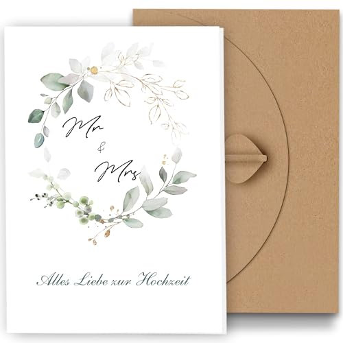 Premium Hochzeitskarte mit Umschlag aus Kraftpapier - Karte Hochzeit Modern, Glückwunschkarte Hochzeit Edel Personalisiert Schöne Hochzeit Geschenke für Brautpaar Klein Eukalyptus Muster(12x17cm)