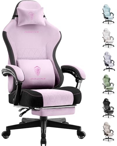 Dowinx Gaming Chair With Footrest for Adults - Ergonomic High Back Fabric Chair With Pocket Spring Cushion and Massage Lumbar Support - Pink Office and Video Game Seating