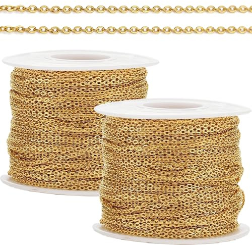 Hperu 2 st kedjor för smyckestillverkning guldfylld kedja 6,5 fot 3 mm guldkedja för smyckestillverkning rostfritt stål guldpläterad kabellänkkedjerullar för anpassat armband och halsband