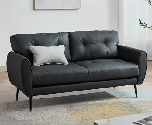 TYBOATLE Sofa Couch 61 Small Loveseat Couches for Living Room, Black Faux Leather Couch Mid Century Modern Tufted Mini Sofa Comfy Office 2 Seat Settee Love Seat Couches for Small Spaces Bedroom