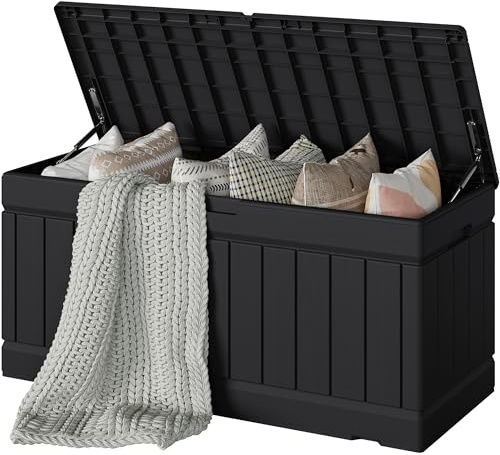 Devoko 78 Gallon Deck Box, Waterproof Resin Outdoor Storage Box for Outside and Patio, Outdoor Storage Bench Lockable for Patio Furniture, Garden Tools and Pool Supplies (Black, 78 Gallon)