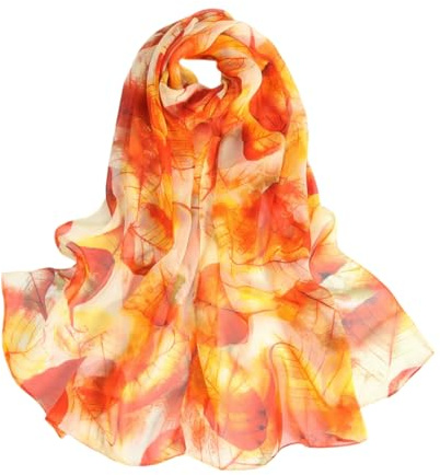 Foulard Femme écharpe pour La Soirée Imprime Floral Grande Echarpe Châle Ultra-Léger Silk Scarf Women Chiffon Shawl White Neckerchief Head Wrap(Orange)