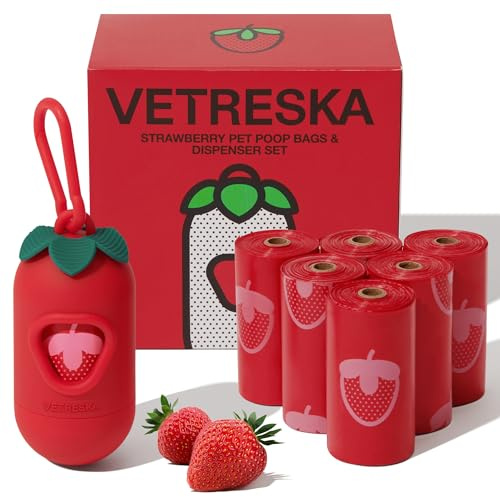 VETRESKA Distributeur de sacs à déjections canines avec sacs parfumés à la fraise, sacs étanches et extra épais, 1 porte-sacs et 105 sacs inclus pour les promenades avec votre chien et votre chat