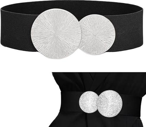 FAINCA Cinturón Ancho Mujer Cinturilla Elástica Cinturon Mujer Elástica Womens Belt Hebilla Elegante Women's Dress Belt Negro para Vestidos Camisas Faldas Vaqueros (Botones Plateados)