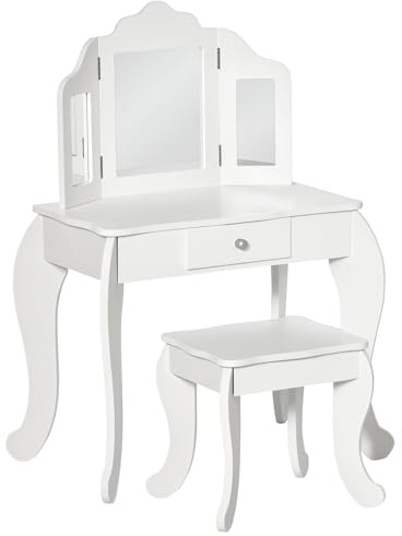 HOMCOM Tavolo da Trucco per Bambini con Sgabello 2 in 1 Scriniva in Legno e Triplo Specchio, Toeletta Trucco in MDF e Acrilico, 63x40x85.5 cm, Bianco