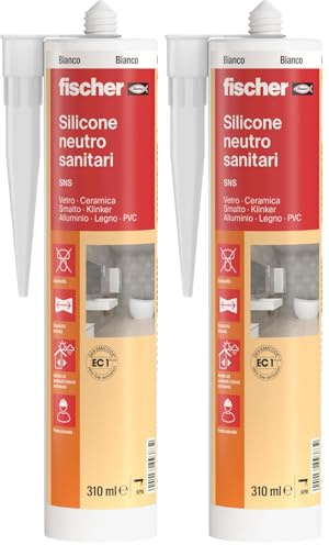 Fischer SNS Silicone Neutro Sanitari, Bianco, Antimuffa, Per Ambienti Sanitari, Vasca, Doccia, Lavabo, Senza Solventi, Inodore, Uso Esterno, Interno, 9383 (Confezione da 2)