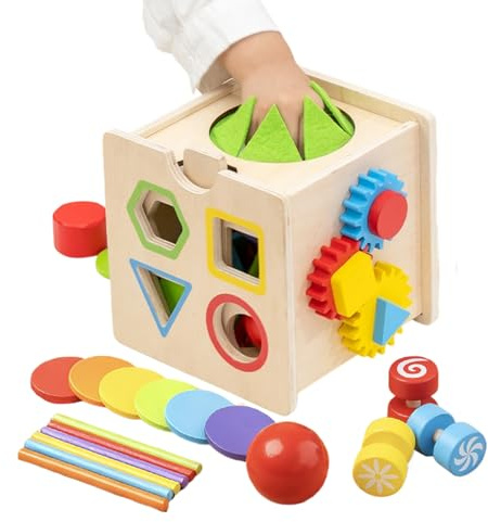 Activity Cube - Wooden Developmental Toy, Multi Functional Play Cube for Party, Playroom, Classroom Home Birthday Gift Girls, Boys Kids Early Learning Motor Skill Development, Educational Fun