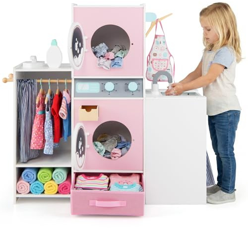 COSTWAY Toy Washing Machine, Wooden Kids Washer and Dryer Playset with Hangers, Fabric Drawer, Toddler Pretend Play Laundry Set for Boys & Girls