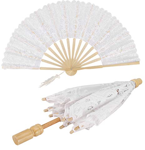 Zerodis Juego de Abanico Paraguas, Damas Flor de encaje Paraguas de novia Sombrilla plegable Algodón Encaje Plegable Abanico de mano para fotografía de bodas