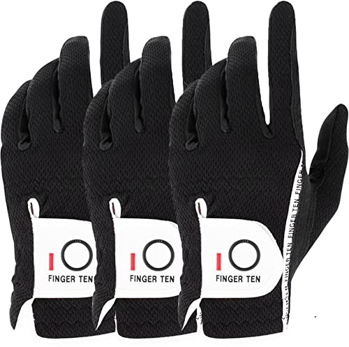 FINGER TEN Golfhandschuhe Herren Links Rechts Golfhandschuh Golf Handschuhe Wert 3 6 Stück, Linke Rechte Hand Griff rutschfest Handschuh für Männer Golfer (3 Stück Black M, Links)