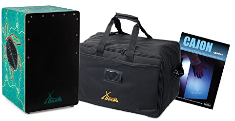 XDrum Design Series Cajon “Turtle” - Handbemalte Designer-Cajon mit Dot Art-Schildkröten - Integrierter Bass Port - Korpus aus HPL - Snare-Effekt - inkl. Tasche und Cajon-Schule