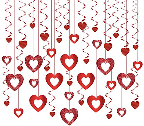 LANMOK 38pcs Heart Hanging Decorations Valentine's Day Decors Includes 20pcs Hollow Heart & 18pcs Hanging Heart Swirls for Valentine's Day Wedding Anniversary Engagement Bridal Shower
