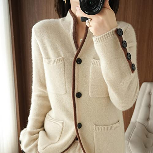 ZXCW 100% Cashmere/Maglione in Lana Autunno/Inverno 2021 Collare Stand-up da Donna Cardigan Casual Knit Tops Coreano Plus Size Giacca Femminile-XL,Beige