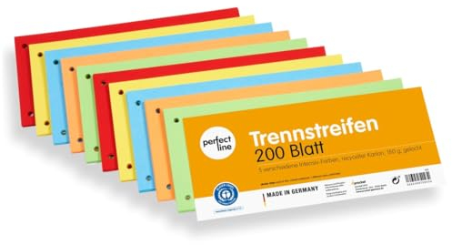 perfect line 200 Trennstreifen für Ordner A4, Trennblätter aus Recycling-Karton, MADE IN GERMANY, 5 Farben, gelocht