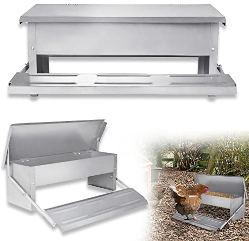 TRMLBE Futterautomat Hühner 5KG Hühnerfutterautomat Futterspender Automatischer Hühner Futtertrog aus Verzinkter Stahl Wasserfest und Rattensicher für Geflügel mit Automatisches Pedal