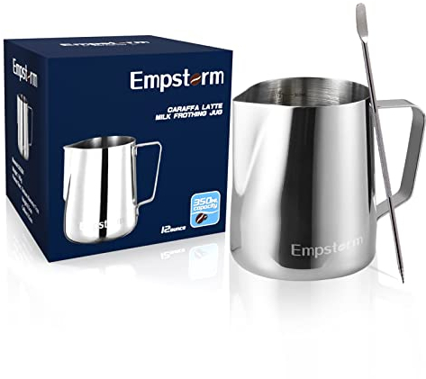 Empstorm Milchaufschäumer Krug 340 ml Milchaufschäumer Dampfkrug Edelstahl Espressomaschine Zubehör Cappuccino Kaffee Milchkännchen Tasse mit Dekorierstift Latte Art