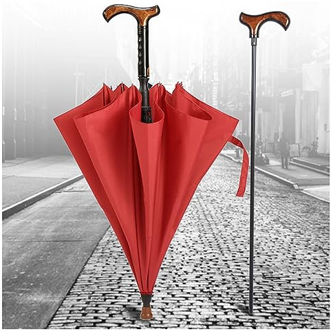 AVIITI 2-in-1 Non-Slip Walking Stick Umbrella, Wear-Resistant Windproof Multifunctional Straight Rod Long Handle Crutch Parasols, Great Gift for Men, Women,Red,86cm/33.8inch