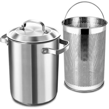 Asparagus Steamer Pot with Steel Lid and Removable Basket - 4L Stainless Steel Frying Deep Fryer Pot Vertical Cooker for Pasta, Spaghetti, Boiled Eggs, Shrimp - Induction Dishwasher Safe