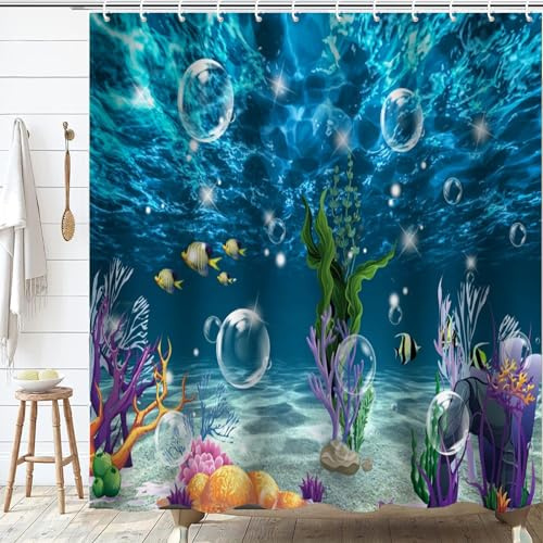 Jemsia Shower Curtain for Bathroom,Waterproof AOcean World with Weighted Hem 12 Hooks Washable Polyester Shower Curtains for Wet Room Tubs Spa Blue Bubble Marine Life Deep Sea Printed