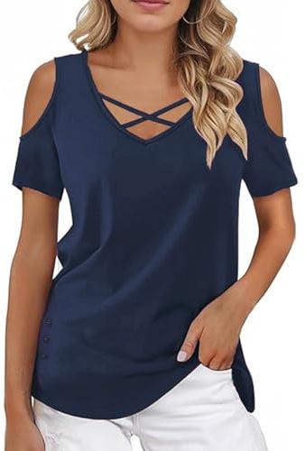 Rayson Sommartröjor för kvinnor T-shirts V-ringad kortärmad elegant off-shoulder cross t-shirt casual enfärgad topp, Marinblå, XL