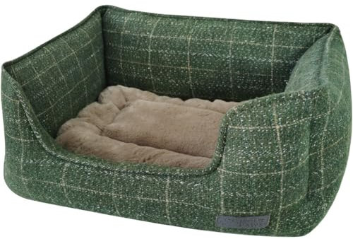 House of Paws Moss Green Tweed and Faux Fur Medium Dog Bed - Machine Washable, Non-Slip Base and Removable Cushion