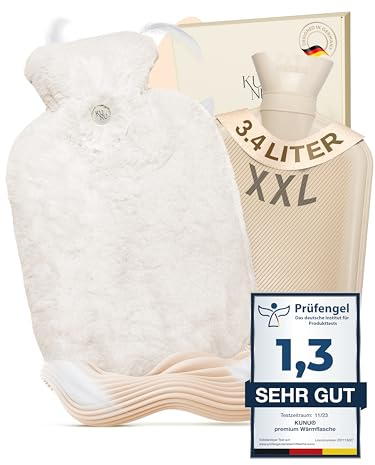 KUNU® die besondere XXL Wärmflasche - 3.4l - inkl. Geschenkverpackung - mit extra Bezug - unwiderstehlich flauschig - perfekt für Erwachsene und Kinder - auslaufsicher und getestet - beige