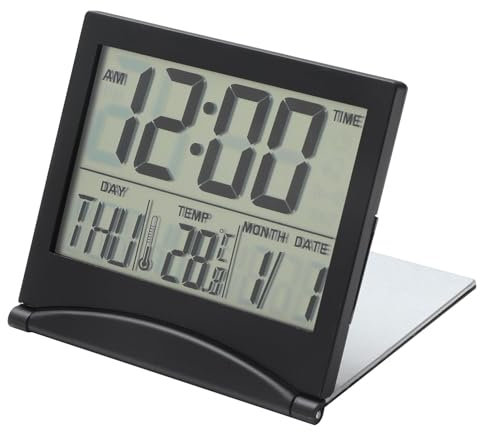 WrteEase Digital Travel LCD Alarm Clock, Small Foldable Dementia Clock with Days Dates, Time Of Day and Temperature, Desk Clock Battery Operated For Bedroom Home Kitchen Office Travel (Black)