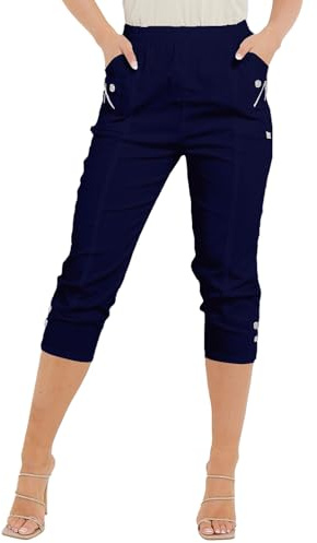 Women's Cherry Berry Capri Trousers - Ladies Plain Stretch Fit Pull On Elasticated Waist Summer Crop Pants Plus Size UK 10-24 | Three Quarter 3/4 Length Cropped Pants for Women UK with Pockets