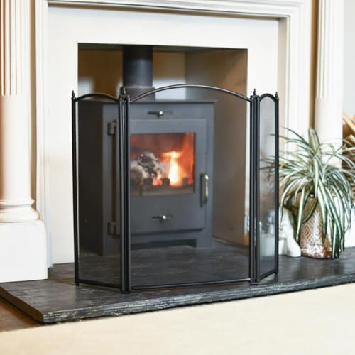 Classic Black 'Court Manor' Three Fold Fireguard Fire Screen – Classic Style Mesh Guard for Log Burners & Open Fires – Spark & Debris Protection