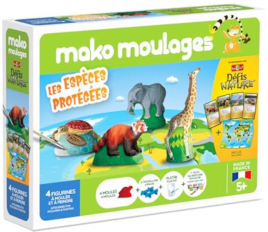Mako moulages - Les Espèces Protégées 2 - Partenariat Bioviva - 4 Moules en Plâtre à Peindre - panda roux, éléphant, girafe et tortue - Kits Loisirs Créatifs pour Enfants - Made In France - Dès 5 ans