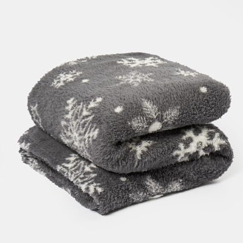 OHS Teddy Fleece Throw Blanket, Ultra Soft Warm Dark Grey Snowflake Print Sofa Throw Blanket Lightweight Cosy Fleece Throw Christmas Blanket for Bedroom, 150x200cm